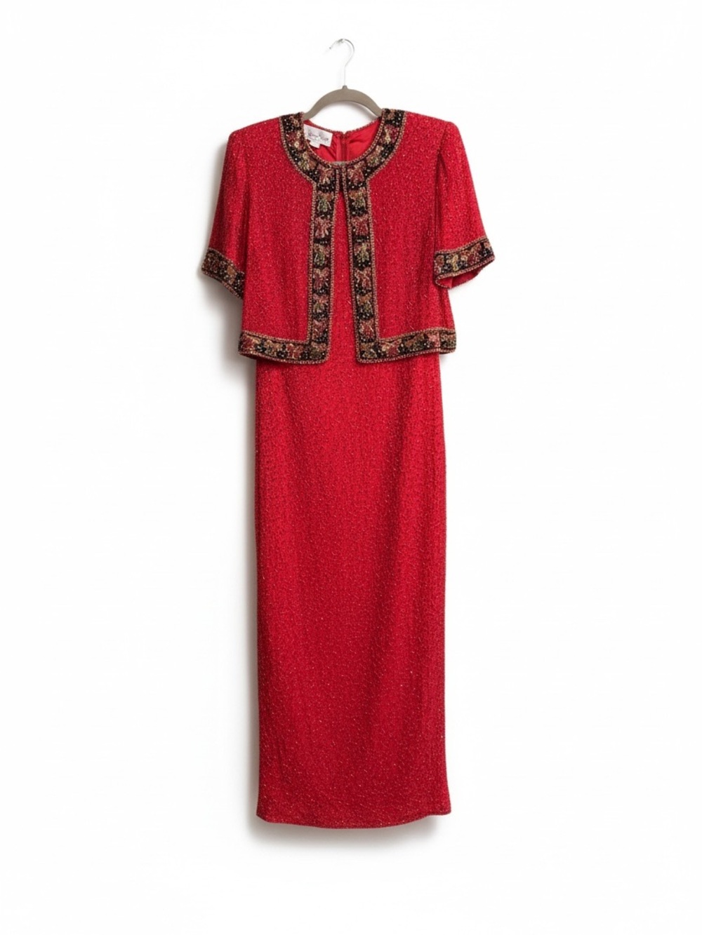 Vintage Laurence Kazar Red Beaded Illusion Jacket Maxi Dress M